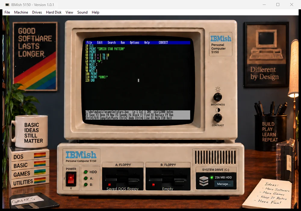 IBMish Code Editor displaying the included STARS.BAS example with BASIC syntax colors and editor commands.