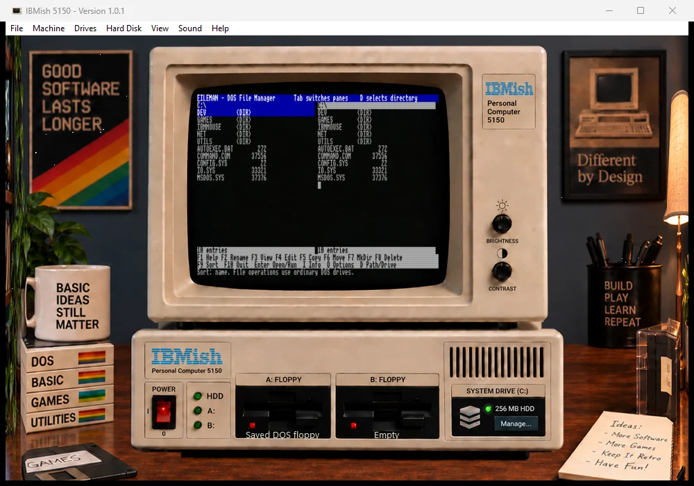 IBMish displaying FILEMAN's dual-pane DOS file browser and file-management controls.