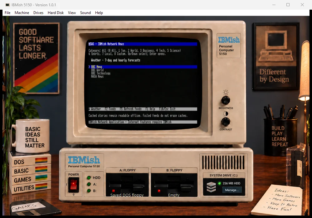 The IBMish NEWS main menu showing Weather above its configurable news feed list.